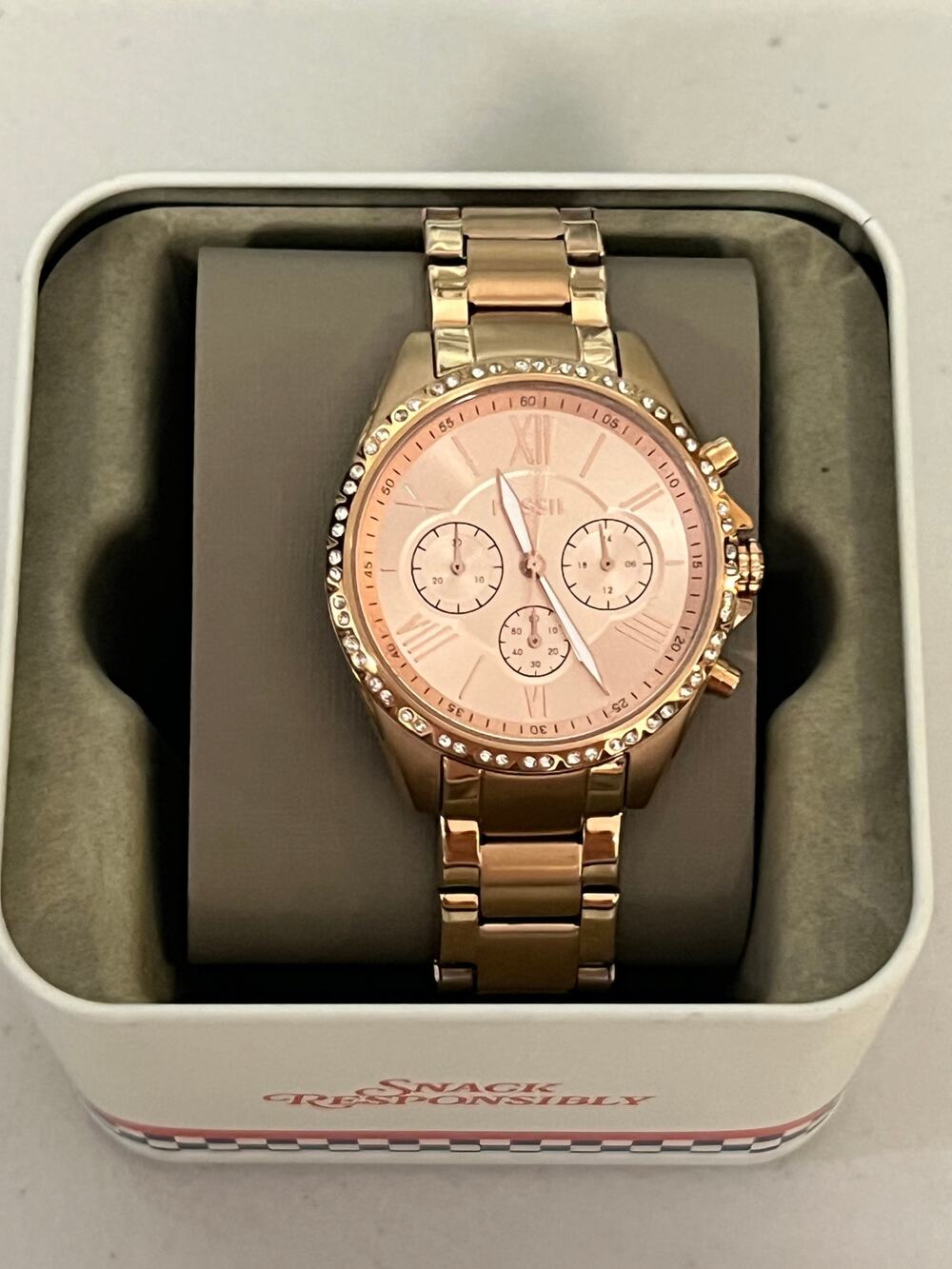 Fossil BQ3377 Rose Gold Crystal Bezel Chronograph Women's Watch